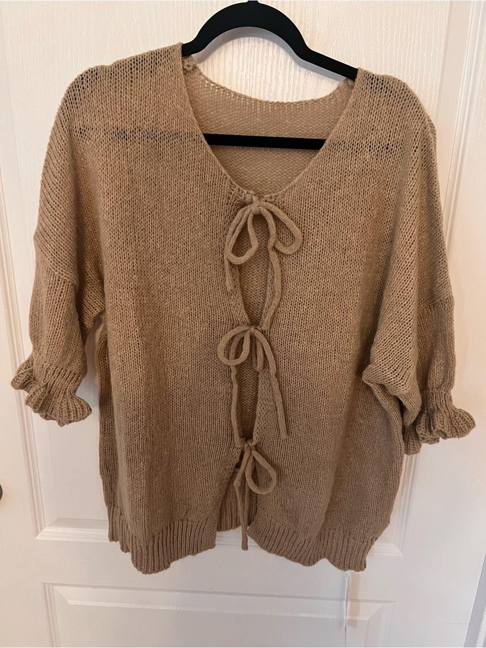 Tie-Front Knit Cardigan in Tan